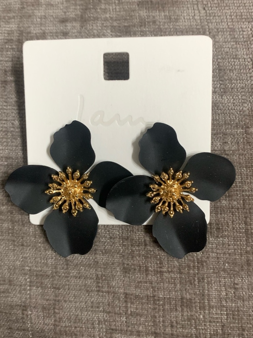 Matte Black Floral Earrings with Gold Center Accents